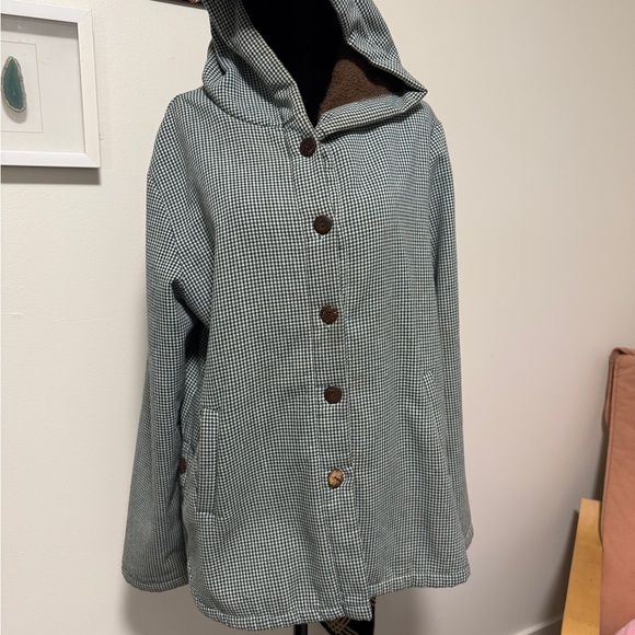 vintage hooded green checkered teddy coat with brown interior - Picture 2 of 2